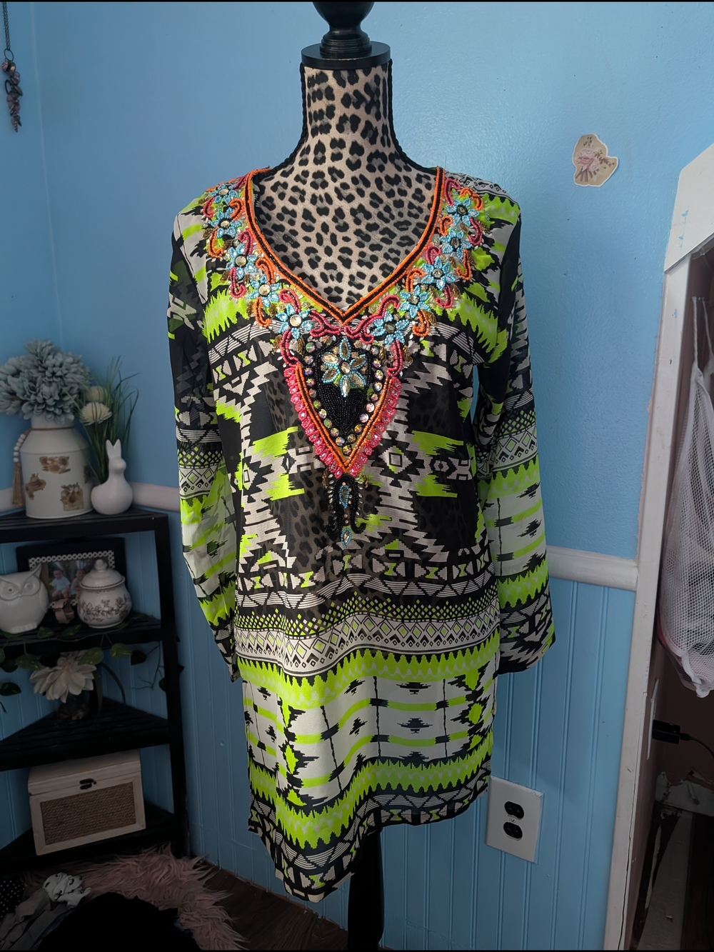 Brand New- Embellished Neon Green Aztec Print V-Neck Tunic